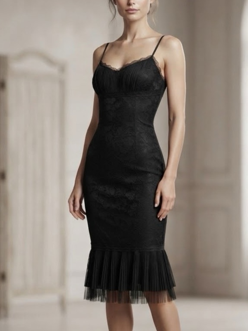 Vintage Betsey Johnson Y2K Black Mesh Slip Dress Small Pleated Hem Whimsigoth